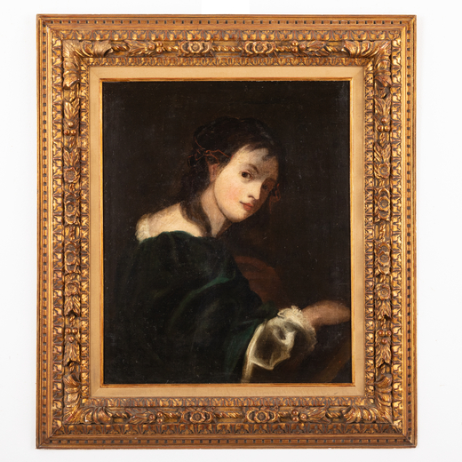 PITTORE DEL XVIII-XIX SECOLO Ritratto femminile<br>Olio su tela, cm 75X62