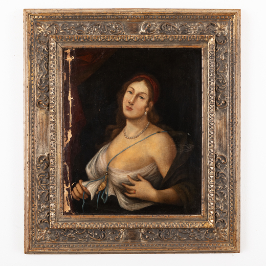 PITTORE DEL XVII-XVIII SECOLO Figura femminile<br>Olio su tela, cm 61X51