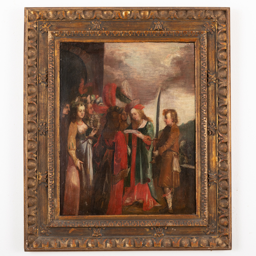 PITTORE FIAMMINGO DEL XVII SECOLO Scena storica<br>Olio su tela, cm 71X55