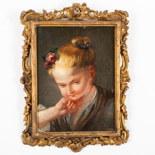 PITTORE FRANCESE DEL XVIII SECOLO Ritratto di giovinetta<br>Olio su tavola, cm 28X21,5