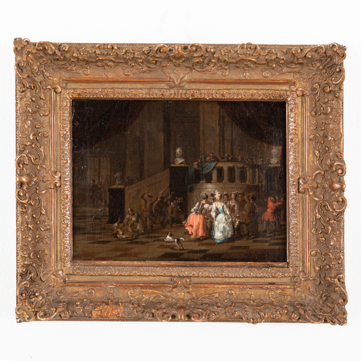 FRANS BREYDEL (Anversa, 1679 - 1750)<br>Interno di palazzo con festa in maschera<br>Firmato in basso