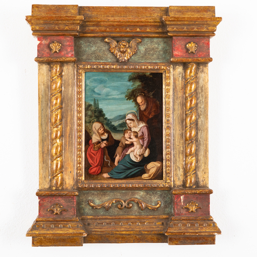PITTORE DEL XVI-XVII SECOLO La Sacra Famiglia con SantElisabetta e San Giovannino<br>Olio su rame, c