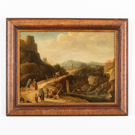MATTHIAS SCHEITS (attr. a) (Amburgo, 1630 - 1700)<br>Paesaggio rupestre con figure<br>Olio su tela, 