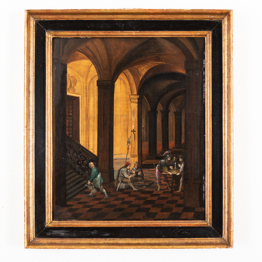 NICOLAS DE GYSELAER (attr. a) (Leida, 1583 - Utrecht, 1654)<br>Guardie che giocano a dadi e si scald