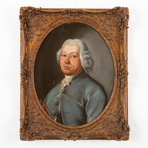 LOUIS-FRANÇOIS DORLY (attr. a) (Parigi, 1748 - 1764)<br>Ritratto di gentiluomo con giacca azzurra<b