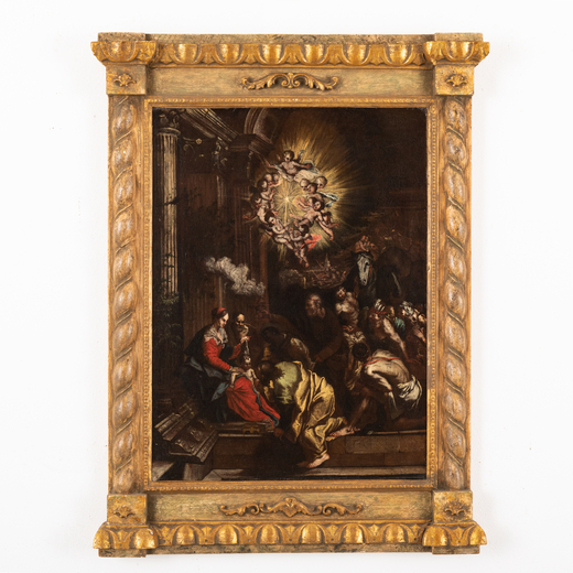 PIETRO TESTA (cerchia di) (Lucca, 1612 - Roma, 1650)<br>Adorazione dei pastori<br>Olio su tela, cm 6