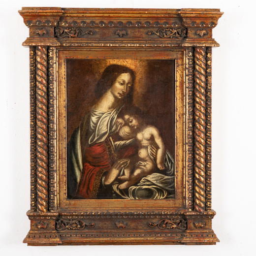 PITTORE DEL XVII SECOLO Madonna col Bambino<br>Olio su tela, cm 46X36