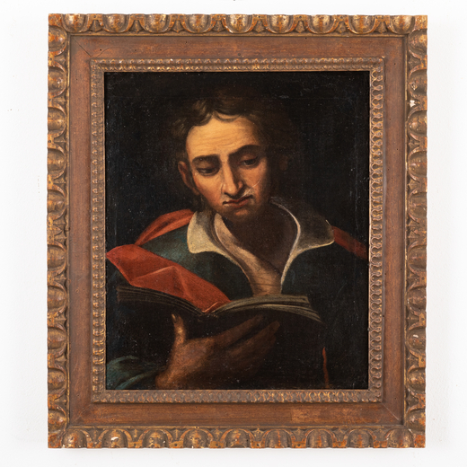 PITTORE DEL XVIII SECOLO Figura maschile con libro<br>Olio su tela, cm 60X50
