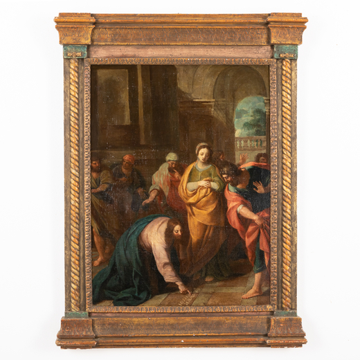 PITTORE ATTIVO A ROMA NEL XVII-XVIII SECOLO Cristo e ladultera<br>Olio su tela, cm 96X70