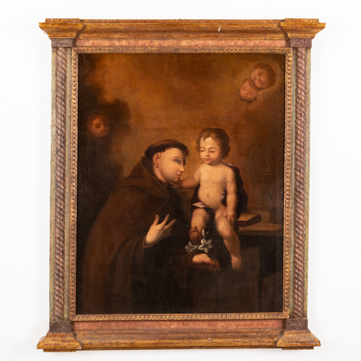 PITTORE DEL XVII-XVIII SECOLO SantAntonio e il Bambin Gesù<br>Olio su tela, cm 103X82