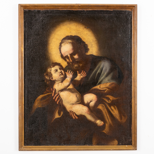 PITTORE DEL XVII-XVIII SECOLO San Giuseppe e il Bambin Gesù<br>Olio su tela applicata su cartone, c