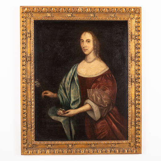 PITTORE DEL XVII-XVIII SECOLO Dama con vestito rosso<br>Olio su tela, cm 106X83
