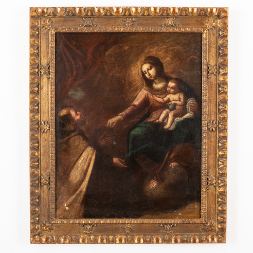PITTORE DEL XVII SECOLO Madonna col Bambino e Santo<br>Olio su tela, cm 75,5X60