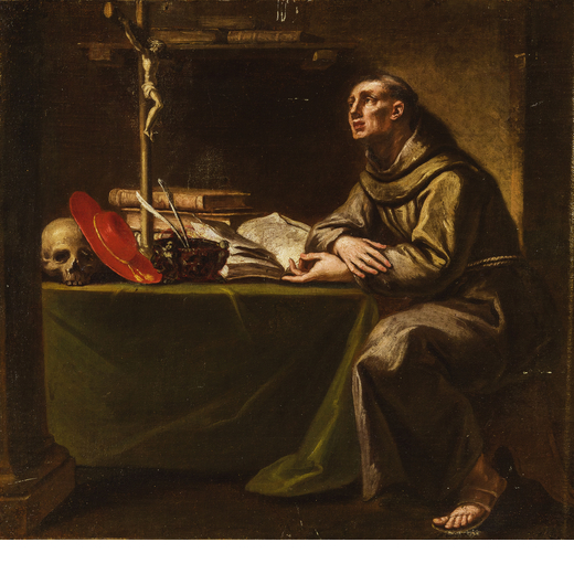 PITTORE DEL XVII SECOLO San Francesco in preghiera<br>Olio su tela, cm 64,5X68