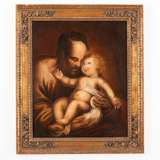 PITTORE DEL XVII-XVIII SECOLO San Giuseppe con il Bambino<br>Olio su tela, cm 75X60