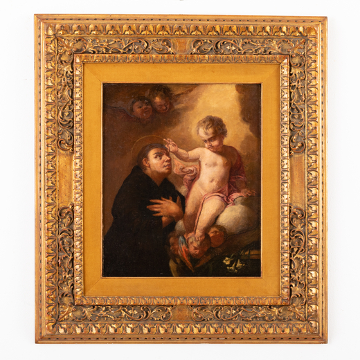 PITTORE VENETO DEL XVII-XVIII SECOLO SantAntonio col Bambin Gesù<br>Olio su tela, cm 53X43