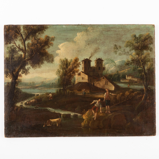 GAETANO ZAIS (attivo in Veneto dal 1765 al 1788)<br>Paesaggio fluviale con figure<br>Olio su tela, c