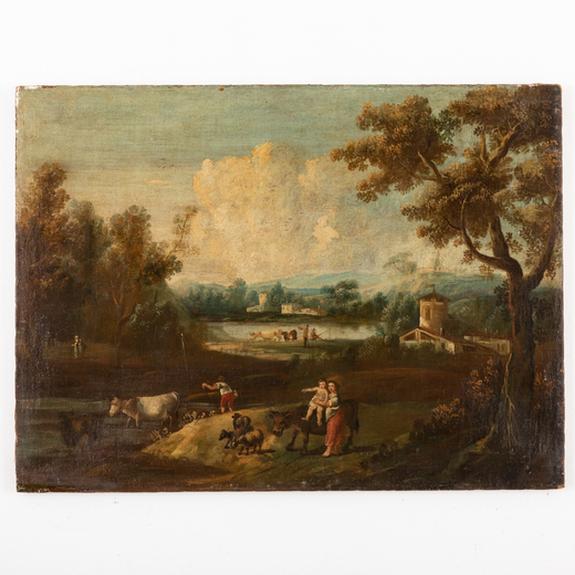 GAETANO ZAIS (attivo in Veneto dal 1765 al 1788)<br>Paesaggio lacustre con figure<br>Olio su tela, c