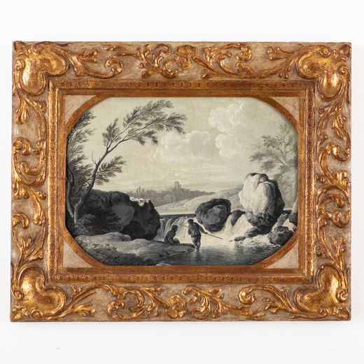 GIUSEPPE ZAIS (Forno di Canale, 1709 - Treviso, 1784)<br>Paesaggio con pescatori<br>Olio su tela, cm