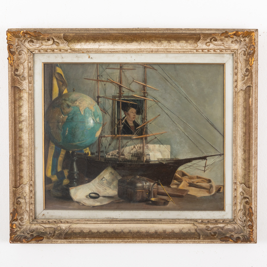 PITTORE DEL XIX-XX SECOLO <br>Natura silente con mappamondo e modello di barca a vela <br>Olio su te