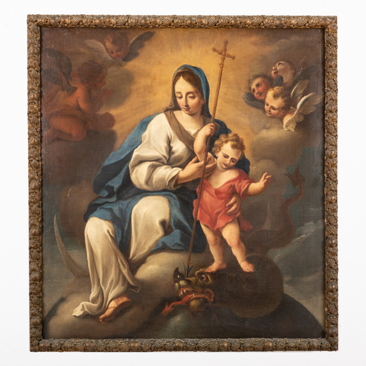 PITTORE DEL XVIII SECOLO  Madonna con Bambino in gloria <br>Olio su tela, cm 128X120