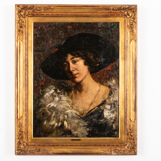 ERNESTO LEVORATI  (Padova, 1848 - Trviso, 1920)<br>Ritratto di signora con cappello<br>Firmato Levor