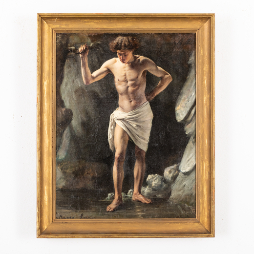 PITTORE DEL XIX-XX SECOLO <br>Nudo maschile tra le rocce <br>Olio su tela, cm 61X47