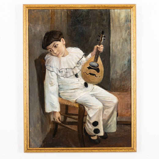 PITTORE DEL XX SECOLO <br>Pierrot con mandolino  <br>Olio su tela, cm 74X55