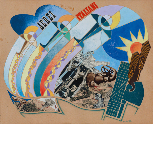 ETTORE TANI attivo nel XX secolo<br>Aeropittura<br>Tecnica mista e collage su cartoncino, cm 40 x 33