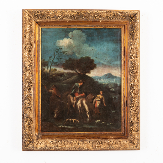 PITTORE VENETO DEL XVIII SECOLO Paesaggio con figure<br>Olio su tela, cm 65X50