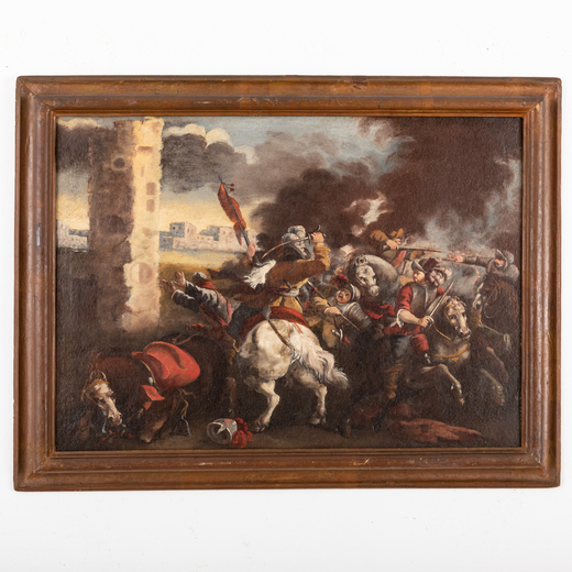 PITTORE DEL XVII-XVIII SECOLO Scena di battaglia<br>Olio su tela, cm 63,5X88 