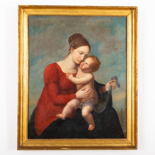 PITTORE DEL XVIII-XIX SECOLO Madonna con il Bambino<br>Olio su tela, cm 89X71