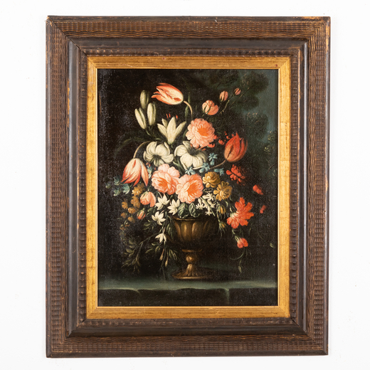 GIUSEPPE PESCI (Parma ? - 1722)<br>Vaso di fiori<br>Olio su tela, cm 65X50