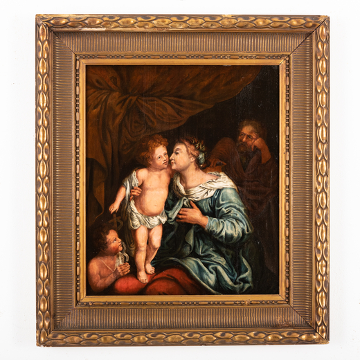 PITTORE FIAMMINGO DEL XVI-XVII SECOLO Sacra Famiglia<br>Olio su tavola, cm 60X52