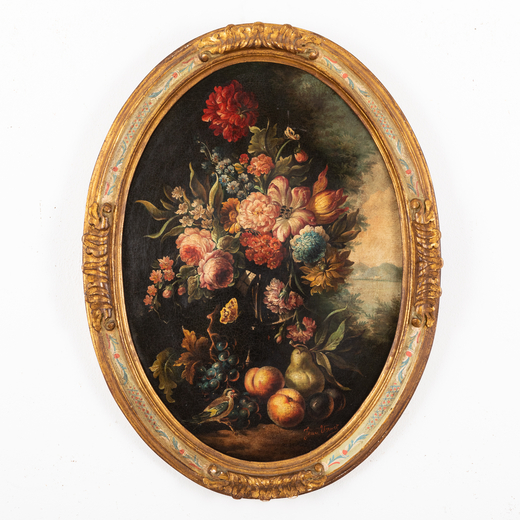 PITTORE DEL XIX SECOLO Vaso di fiori<br>Olio su tela, cm 70,5X50