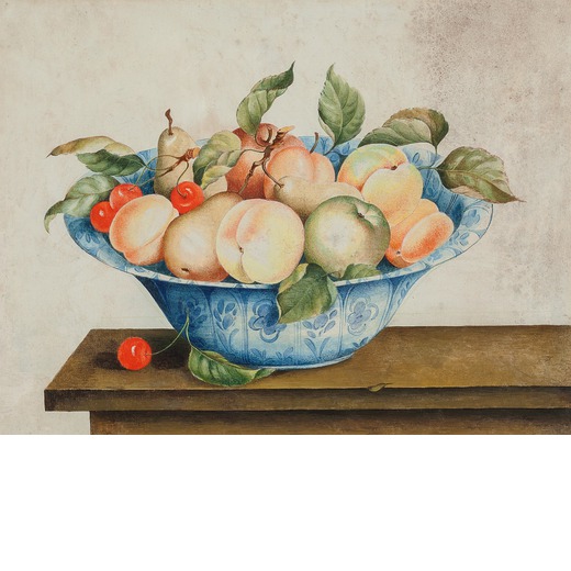 OCTAVIUS MONFORT (seguace di) Natura morta con piatto di mele, pesche, pere e ciliege<br>Tempera su 