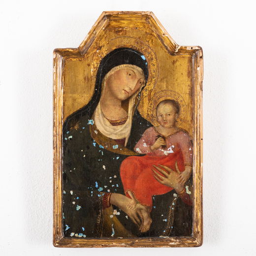 PITTORE DEL XIX SECOLO Madonna con Bambino<br>Tempera su tavola, cm 35X22