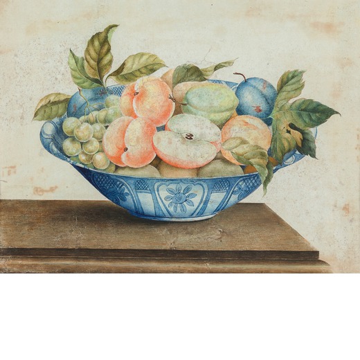 OCTAVIUS MONFORT (seguace di) Natura morta con piatto di pesche, uva e susine<br>Tempera su carta, c