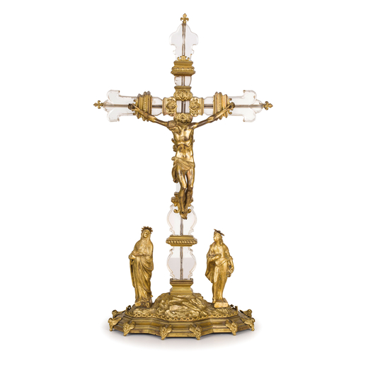 CROCEFISSO IN BRONZO DORATO E CRISTALLO, XVIII-XIX SECOLO la croce mistilinea centrata da quattro te