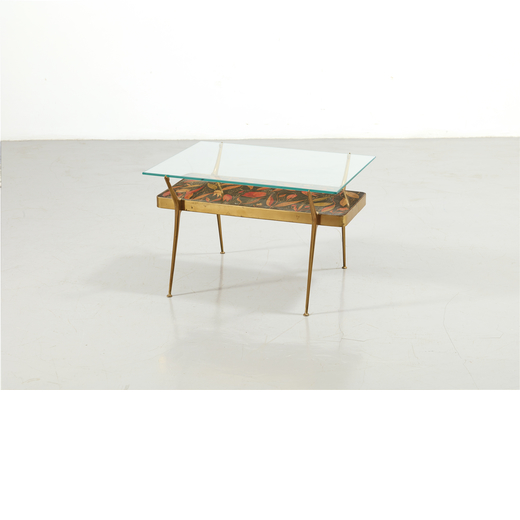 CESARE LACCA (ATTRIB. A)   Tavolino. Ottone, cristallo molato, legno decorato. Italia anni 50.<br>cm