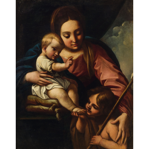 PITTORE BOLOGNESE DEL XVII-XVIII SECOLO Madonna con il Bambino e San Giovannino<br>Olio su tela, cm 