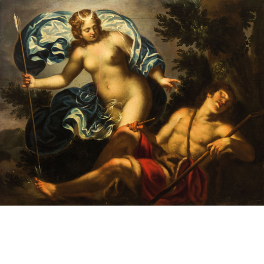 PITTORE NORDICO DEL XVII-XVIII SECOLO Diana e Atteone<br>Olio su tela, cm 119X150