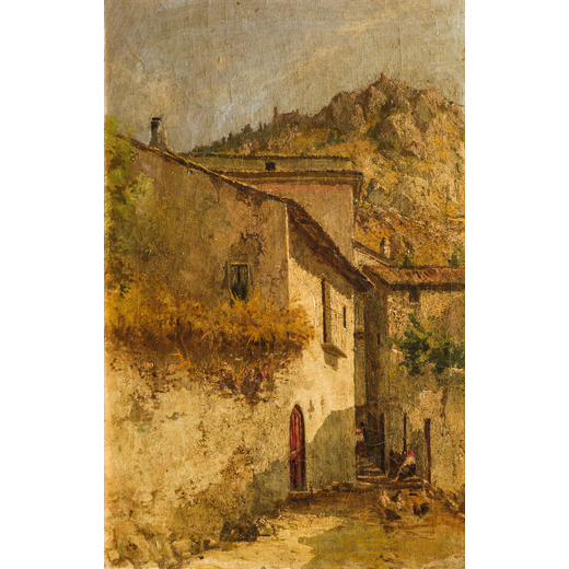 TEOFILO PATINI Castel di Sangro (AQ) 1840 - Napoli 1906<br>(attr.a)<br>Scorcio di paese<br>Olio su t