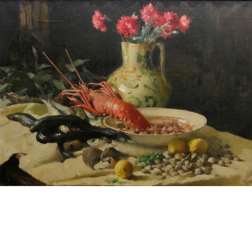 BEDINI GIOVANNI detto PAOLO Bologna, 1844 ; 1924<br>Natura morta con aragosta <br>Firmato P Bedini i
