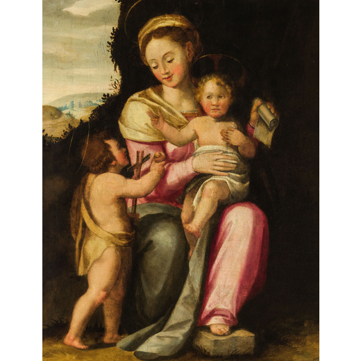 PITTORE DEL XVI SECOLO Madonna con Bambino e San Giovannino<br>Olio su tavola, cm 73X56