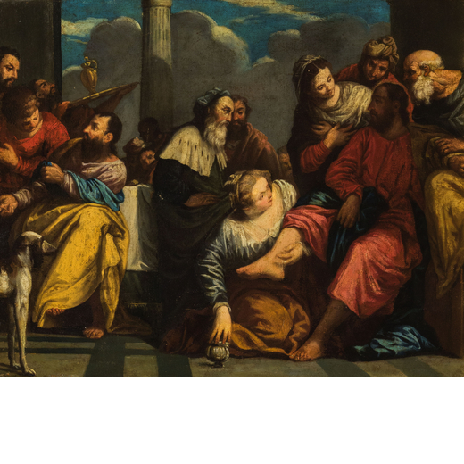 PAOLO VERONESE (maniera di) (Verona, 1528 - Venezia, 1588)<br>La lavanda dei piedi<br>Olio su tela, 