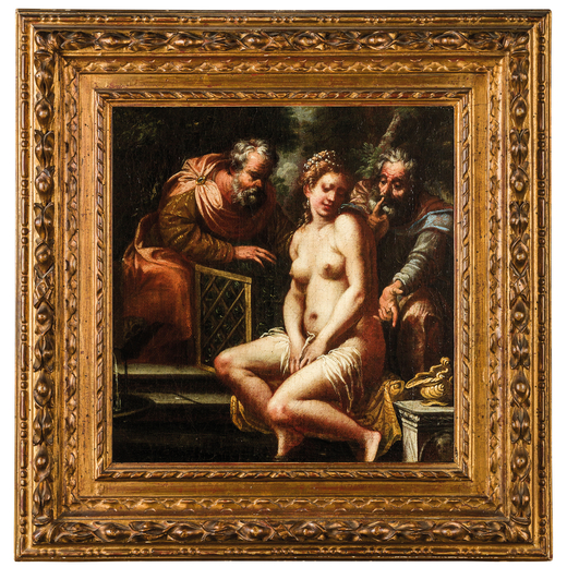 GUIDO RENI (maniera di) (Bologna, 1575 - 1642)<br>Susanna e i vecchioni<br>Olio su tela, cm 40X28
