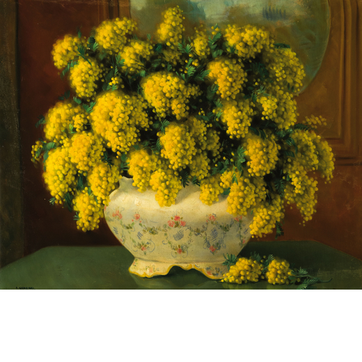 ALFIO PAOLO GRAZIANI (Gavirate 1900 - 1981)<br>Vaso di porcellana con mimose<br>Firmato in basso a s