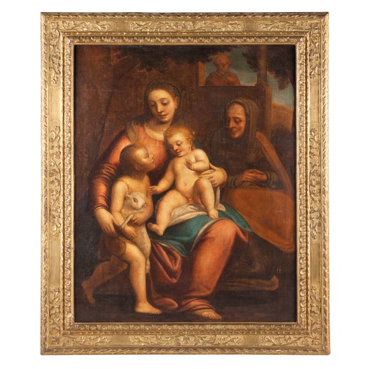 PITTORE GENOVESE DEL XVI-XVII SECOLO Madonna col Bambino<br>Olio su tela, cm 113X89