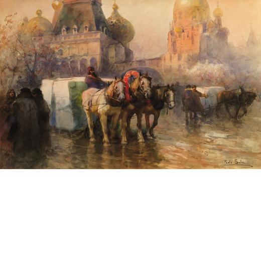 PAOLO SALA Milano, 1859 ; 1924<br>Il trasporto del ghiaccio a Mosca <br>Firmato Paolo Sala in basso 
